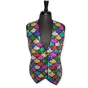 Vintage Fashion Fantasy Scalloped Sequin & Beaded Multicolor Vest Womens Size M
